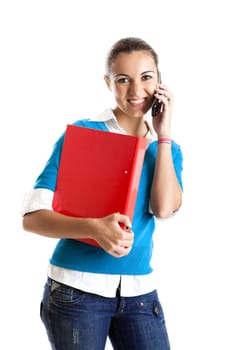 Beautiful female student making a phone call isolated on white