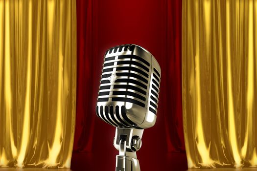 Glowing microphone on stage with red gold curtains