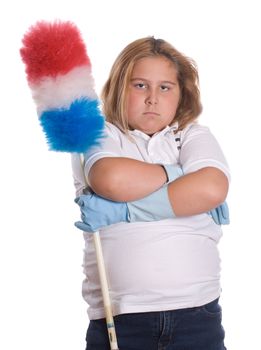 A young girl mad because she has to do some cleaning chores, isolated against a white background