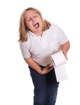 A young girl with diarrhea holding the toilet paper, isolated against a white background