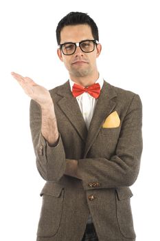 A young, caucasian nerd, isolated on a white background.