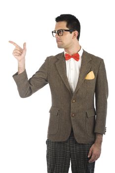 A young, caucasian nerd, pointing, isolated on a white background.