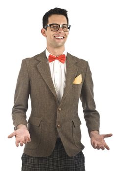 A young, caucasian nerd, isolated on a white background.