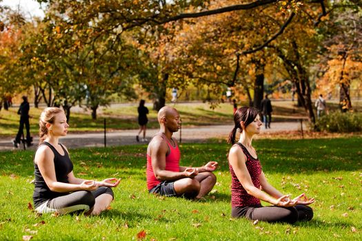 A group of people relaxing with meditation in a city park