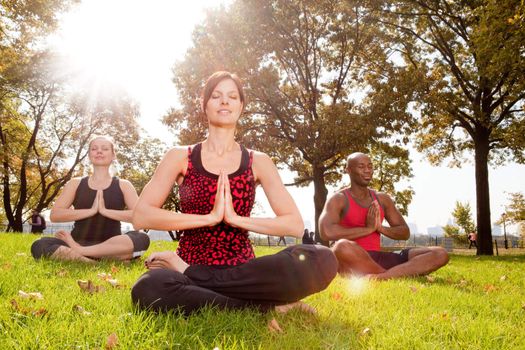 A group of people meditation in the park - taken into the sun with lens flare