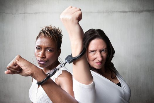 Two angry women joind by a pair of handcuffs