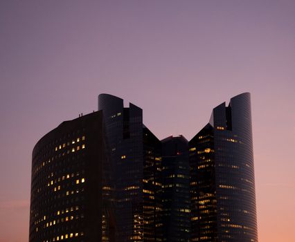 Modern skycraper office building at sunset at La Defense in Paris