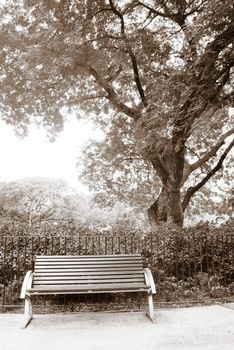 It is a brown bench with nobody in the park.