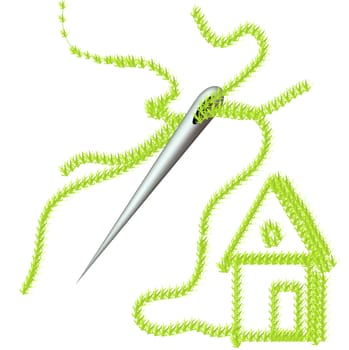 Huge bright  needle sewing house with green plants