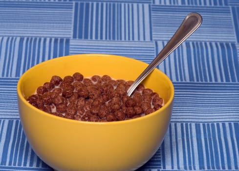 Children's breakfast, chocolate flakes with milk. Close up.