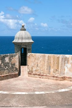 Detail view of an El Morro fort sentry tower and wall located in Old San Juan Puerto Rico.