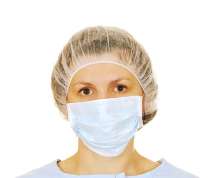 The woman in a medical mask isolated on white background