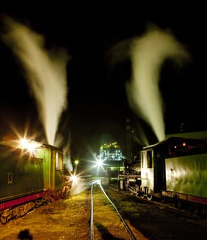 steam locomotives in depot at night, Kostolac, Serbia