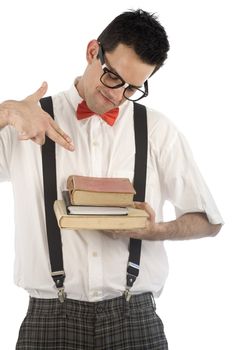 A young, caucasian nerd, isolated on a white background.