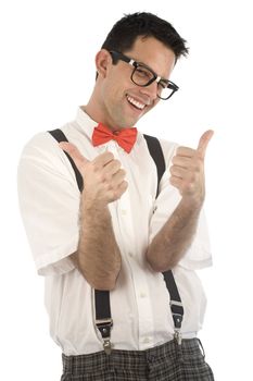 A young, caucasian nerd, with thumbs-up, isolated on a white background.