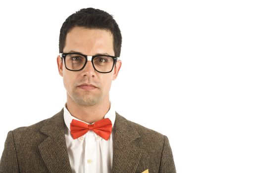 A young, caucasian nerd, isolated on a white background.