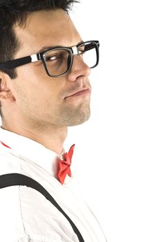 A young, caucasian nerd, close-up, isolated on a white background.