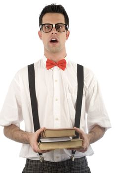 A young, caucasian nerd, isolated on a white background.