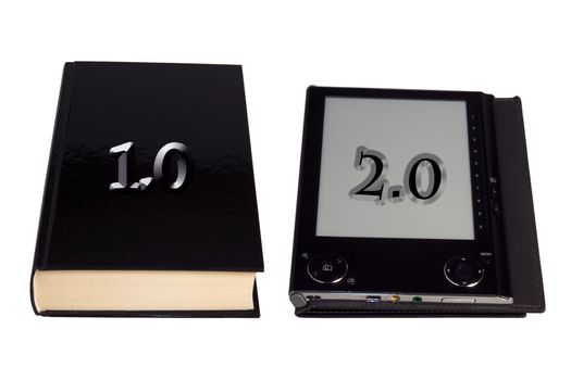 A book and an eBook reader over white