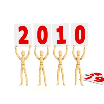 four wooden lay figures welcome the new year 2010 by holding posters with red numbers