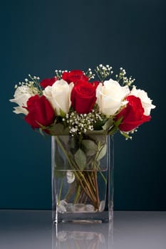 An arrangement of beautiful red and white roses with babys breath in a clear glass vase.