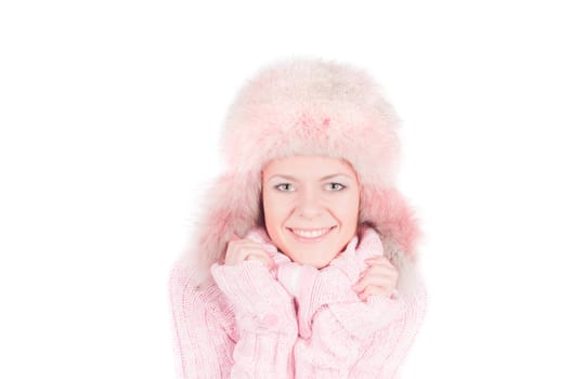 Beautiful woman in pink fur hat, isolated on white