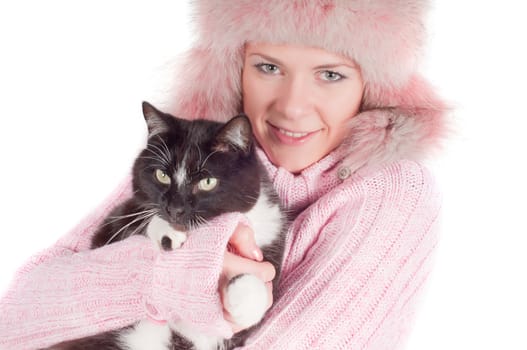 Beautiful woman in pink fur hat, isolated on white