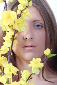 Portrait of the blue-eyed girl with yellow colours removed close up