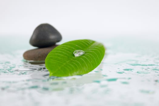 Green sheet with a dewdrop on glass splashed with water against stones removed close up