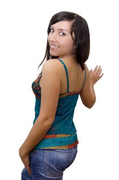 Smiling brunette in jeans isolated over white