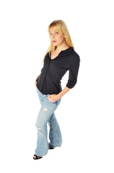 attractive young blonde woman posing on a white background