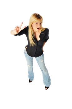 attractive young blonde woman posing on a white background