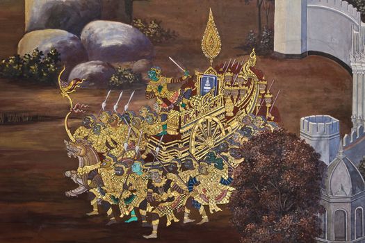 Art thai painting on wall in temple wat phra kaeo Bangkok Thailand