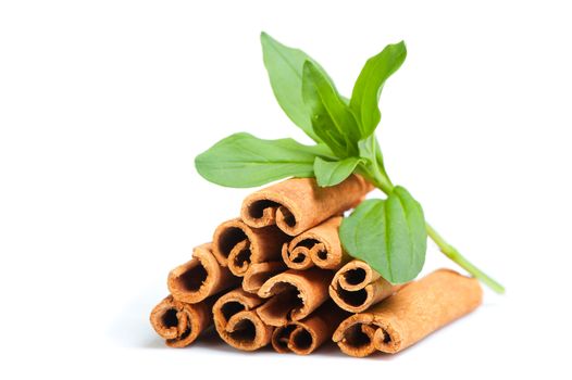 Cinnamon and green leaves. A heap of sticks of cinnamon on a white background