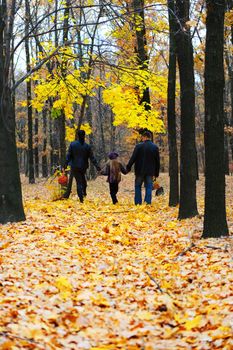 Family in autumn forest. Walk for hands of a happy family from three persons