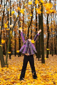 The girl with the lifted hands autumn forest. Falling yellow leaf