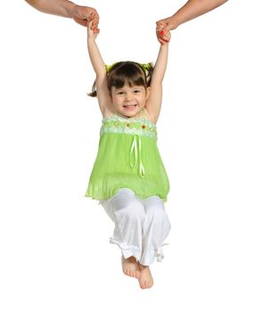 Happy pretty the little girl keeps for hands of parents. It is isolated on a white background