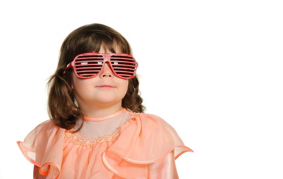 Pretty the little girl in abstract sun glasses. It is isolated on a white background