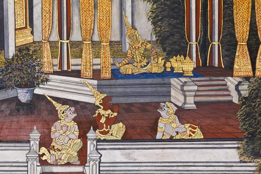 Art thai painting on wall in temple wat phra kaeo Bangkok Thailand