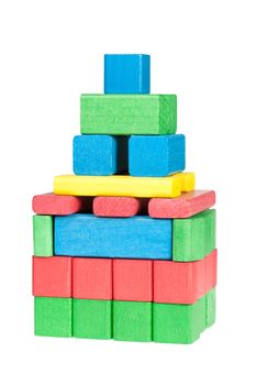 Construction from colour wooden cubes. It is isolated on a white background