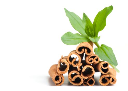 Cinnamon and green leaves. A heap of sticks of cinnamon on a white background