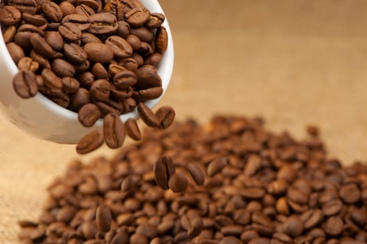 Coffee grains fall from a cup. Photo closeup