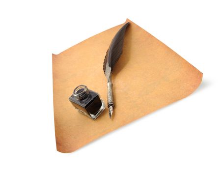 Feather quill and inkwell on an old paper. Perspective view