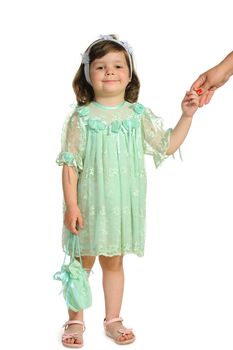 The little girl holds a hand of mother. It is isolated on a white background