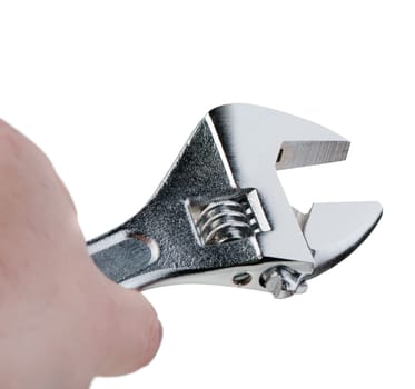 Adjustable spanner in hand. It is isolated on a white background.