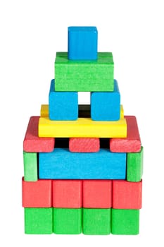 Construction from colour wooden cubes. It is isolated on a white background
