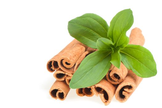 Cinnamon and green leaves. A heap of sticks of cinnamon on a white background