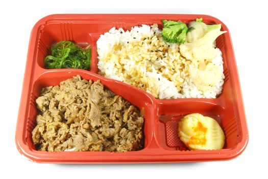 Take Out Food Japanese Dish consisting of beef, vegetable and rice