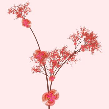 Cherry Tree Art Asian Style Illustration on Pink