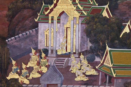 Art thai painting on wall in temple wat phra kaeo Bangkok Thailand